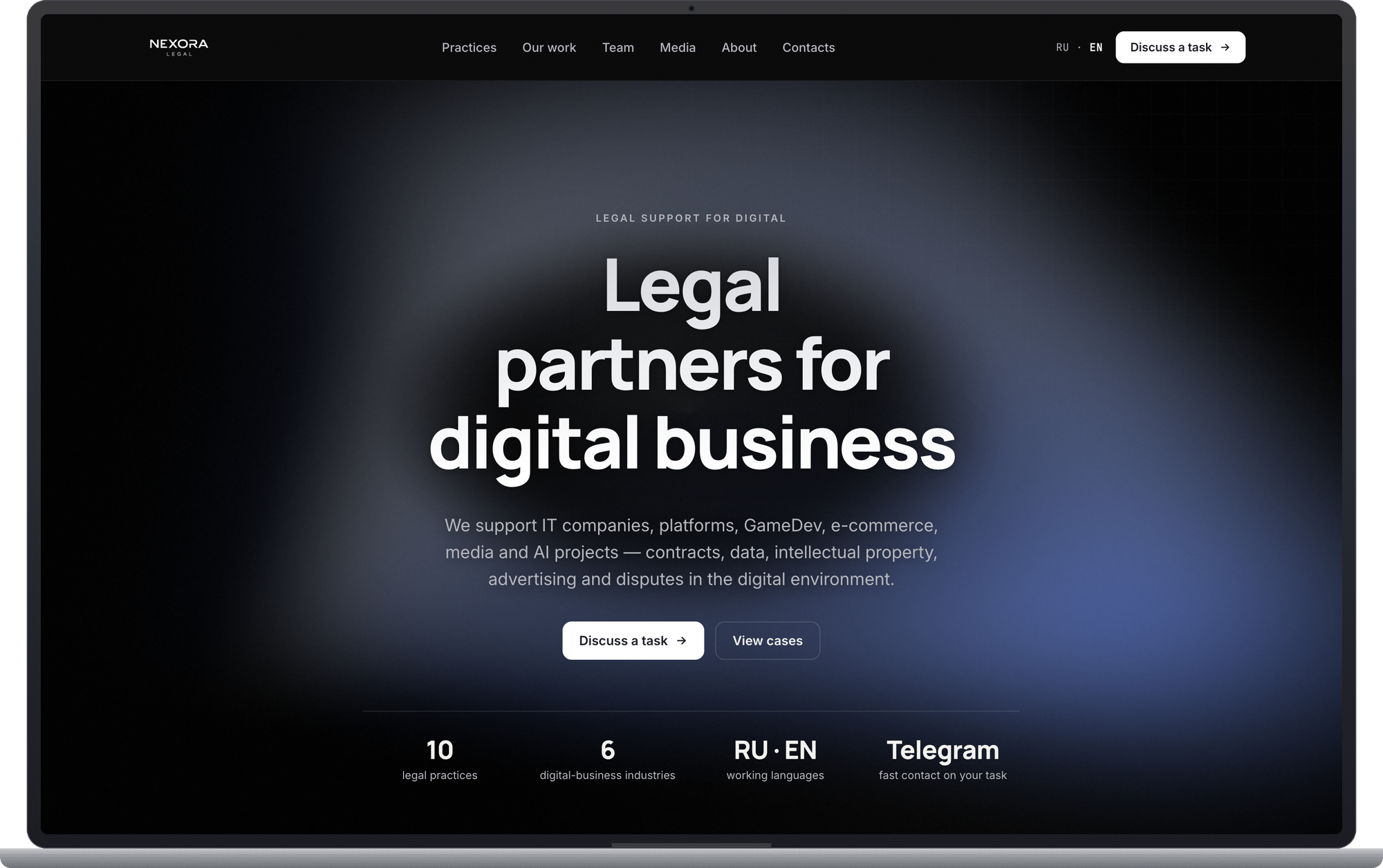 Nexora Legal: desktop layout dark v2