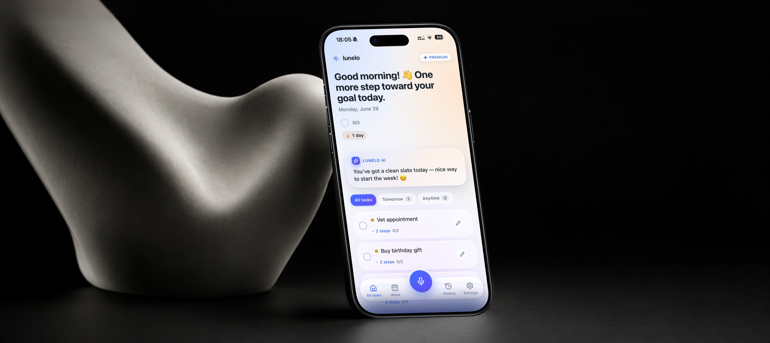 Lunelo — живой экран приложения на iPhone