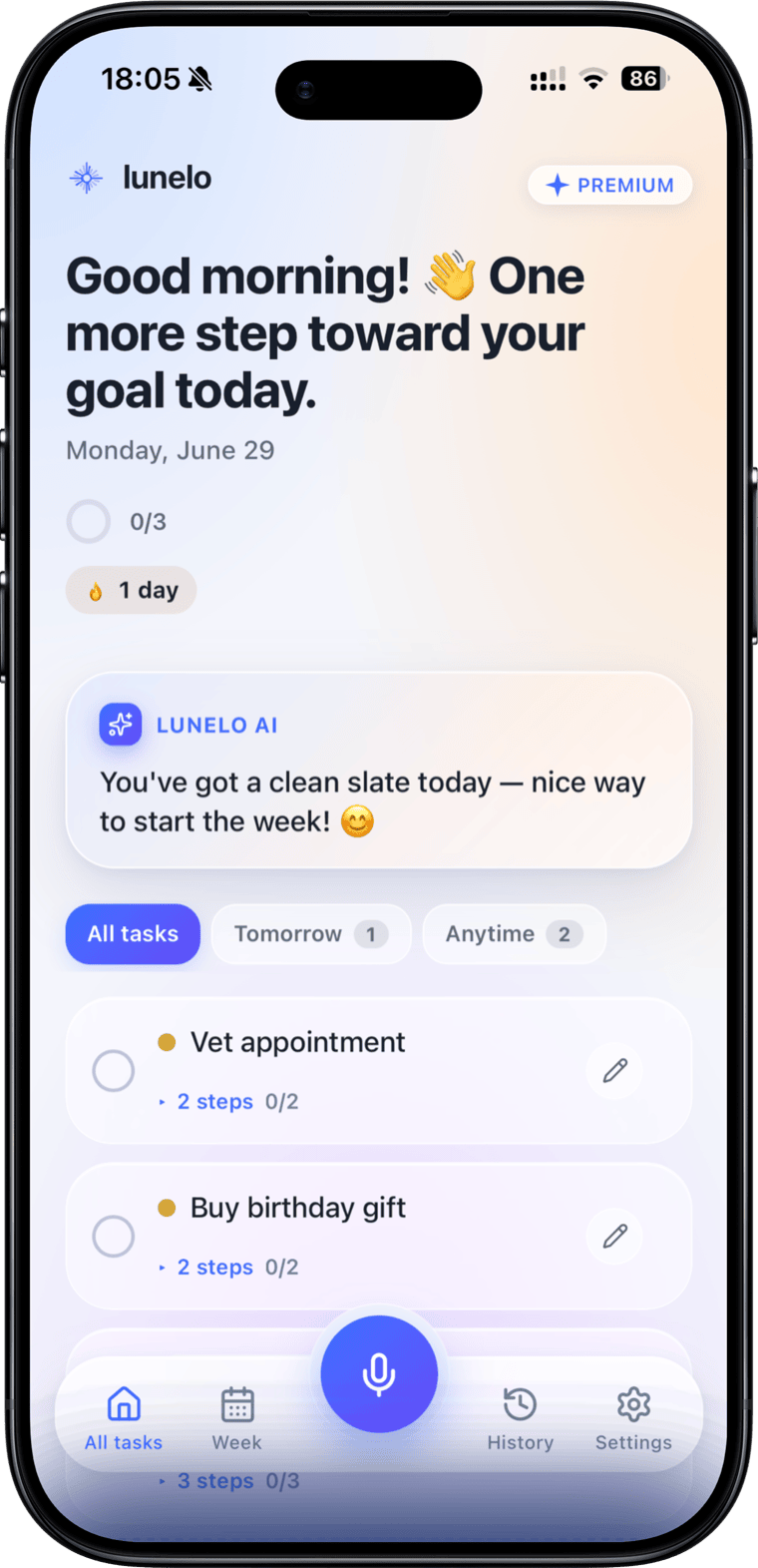 Lunelo — живой экран приложения на iPhone